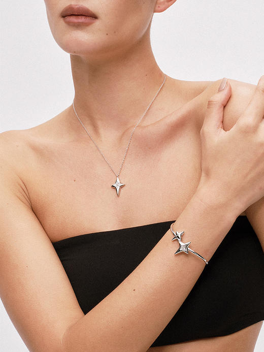 TR她热 随星所欲 银色四芒星锆石原创设计简约百搭可调节项链 预售 商品图0