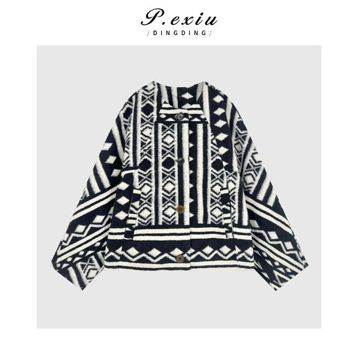 潘依绣丁丁宠粉 进口白鹅绒复古几何慵懒宽松保暖羽绒服Q84691 商品图0