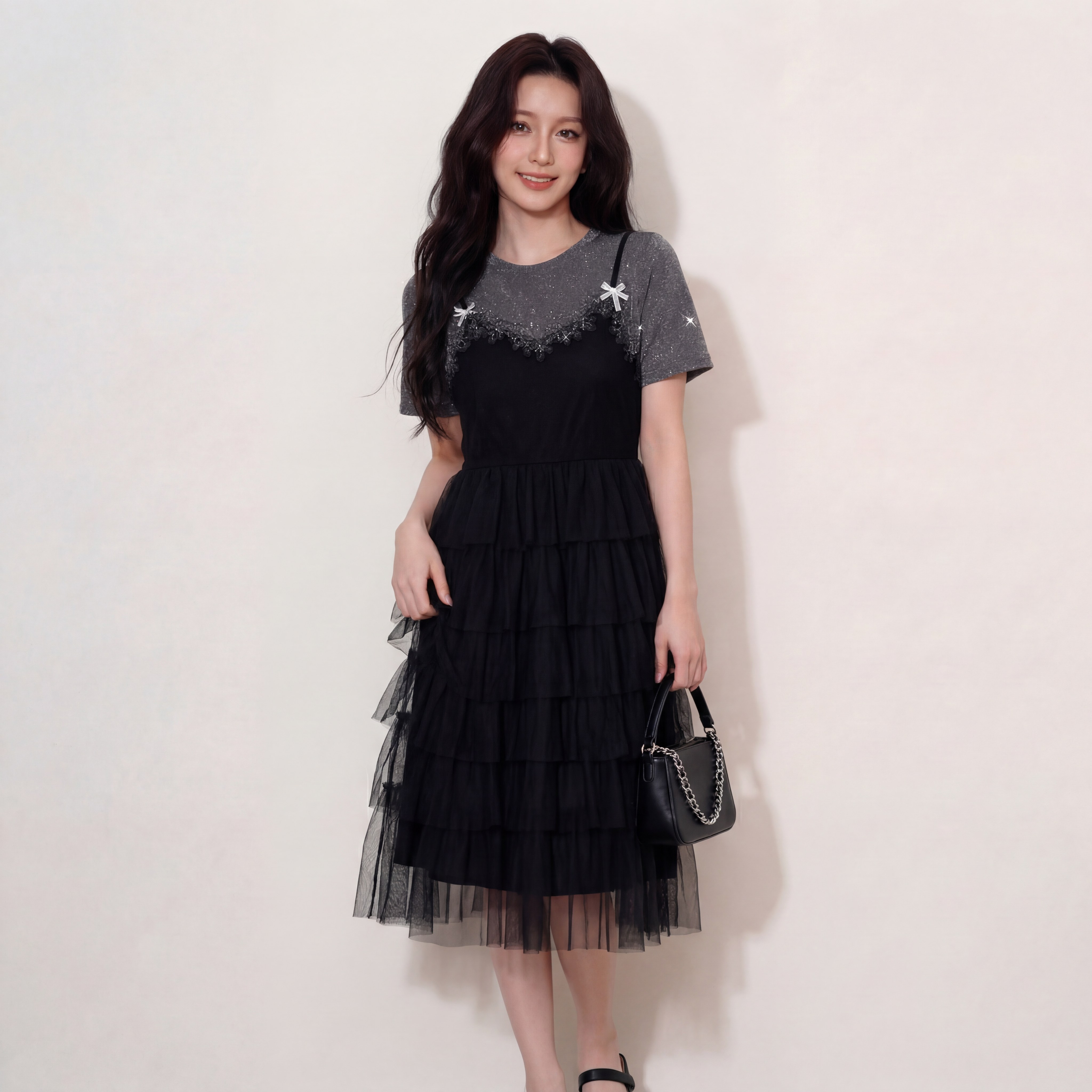 奢姿大码女装2026夏季假两件拼色网纱蛋糕裙胖妹妹遮肉气质长裙9962854701