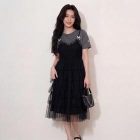 奢姿大码女装2026夏季假两件拼色网纱蛋糕裙胖妹妹遮肉气质长裙9962854701