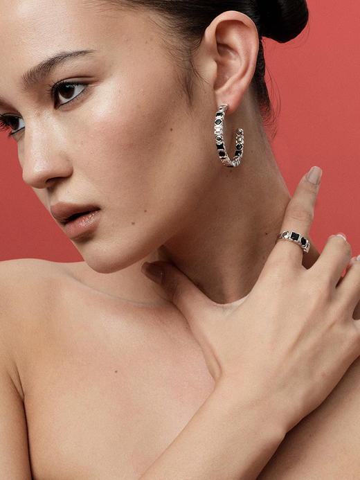 TR她热 陨石回响 黑银几何锆石拼接个性设计感百搭925银针耳环耳圈 商品图1