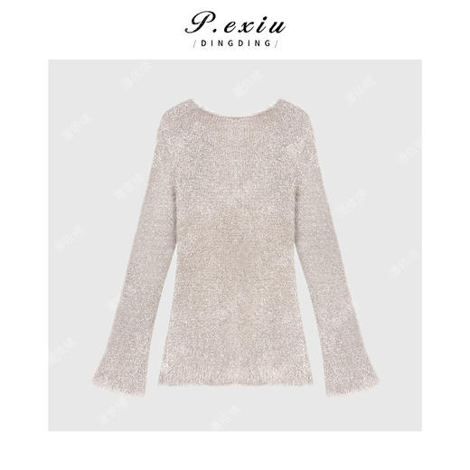 04-2潘依绣丁丁宠粉 高级感重工链条气质流苏亮闪闪V领长袖针织上衣Q60015 商品图1
