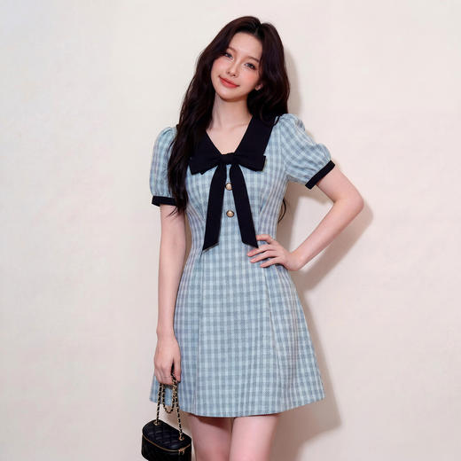 奢姿大码2026夏装格纹连衣裙娃娃领蝴蝶结胖妹妹减龄气质A字裙3262803860 商品图0
