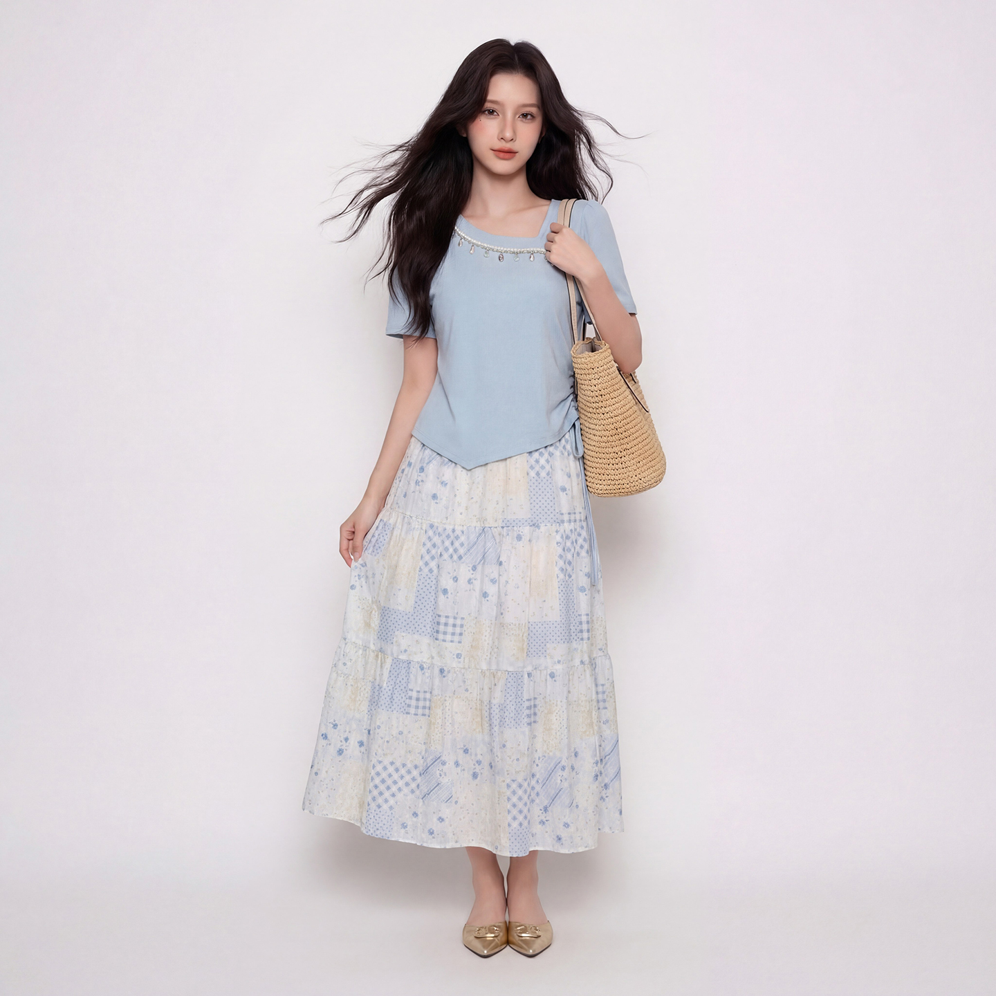 奢姿大码女装2026夏季抽绳减龄印花两件套胖妹妹斜领甜美时尚套装9962994566