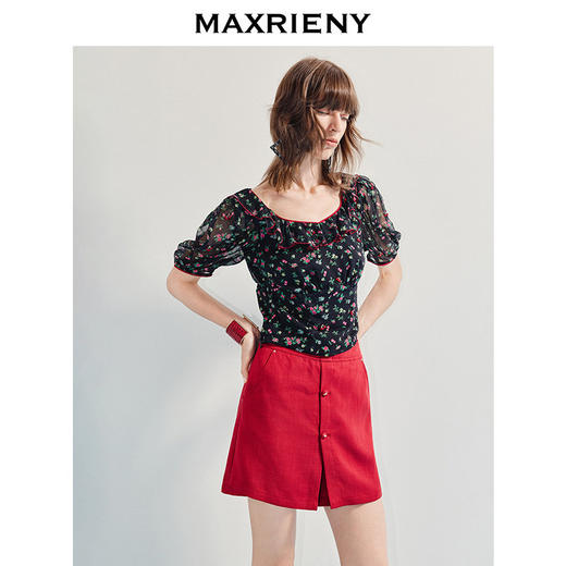 【商场同款】MAXRIENY法式浪漫压边收腰印花短上衣25夏桑蚕丝小衫(货号:MC86TP297) 商品图2