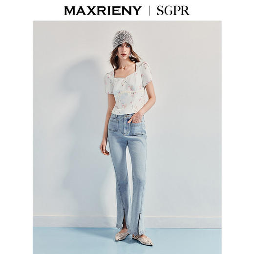 【SGPR】浅牛仔蓝长裤女25夏水洗收腰微喇镂空牛仔裤(货号:MU86TR251) 商品图3