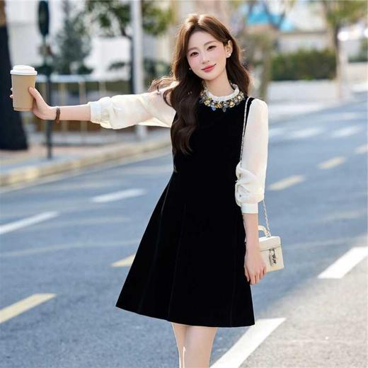 新款时尚气质圆领长袖丝绒连衣裙TSX5080 商品图2