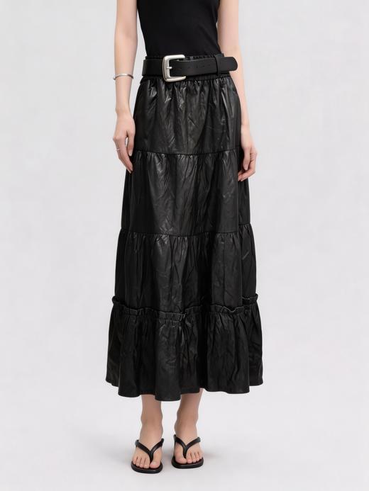 【孤品样衣，不退不换】做旧感pu皮配送腰带纯色松紧腰半身裙 商品图0