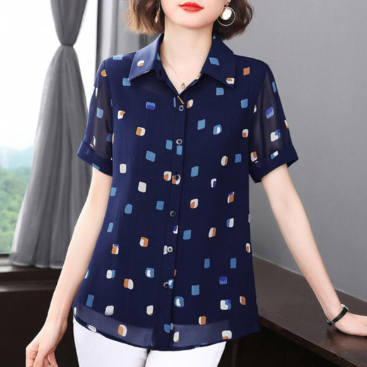 新款洋气雪纺衫女夏季中长款短袖衬衫高级感上衣大码宽松显瘦女装 商品图3