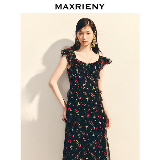 MAXRIENY樱桃印花收腰连衣裙长款25夏季新款法式度假雪纺气质长裙(货号:MS86DR093) 商品图2