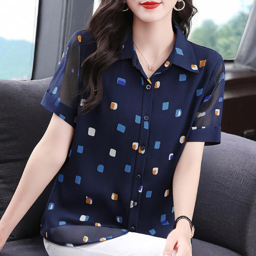 新款洋气雪纺衫女夏季中长款短袖衬衫高级感上衣大码宽松显瘦女装 商品图4