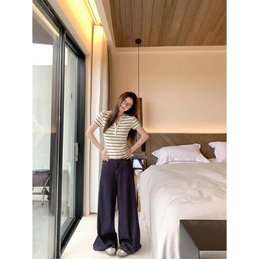 <曾小咸推荐>条纹纽扣修身短袖T恤上衣【预售款，预计3-15天！！】 商品图3