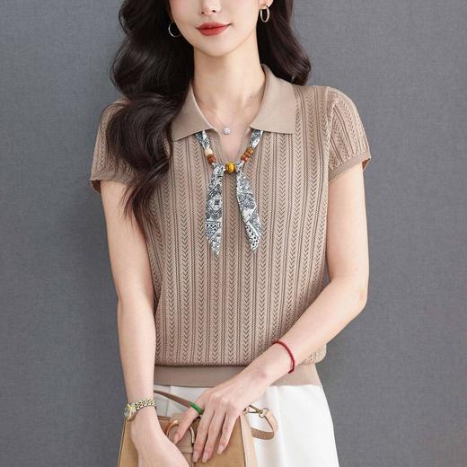 「自」全新升级【铂金会员174/天猫229/差价55】(02702)洛诗琳气质POLO领针织短袖女2026新款飘带镂空冰丝通勤T恤 商品图2