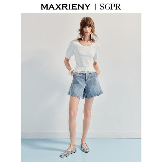 【SGPR】精致日常浅牛仔蓝小A型镂空牛仔阔腿短裤夏(货号:MU86PA252) 商品图1