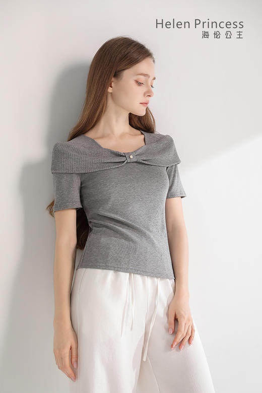 一字肩扭结方领短袖上衣 商品图3