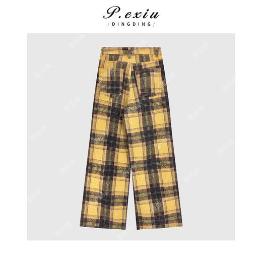 04-2潘依绣丁丁宠粉 复古撞色格纹氛围感磨绒直筒休闲牛仔裤Q65421 商品图1