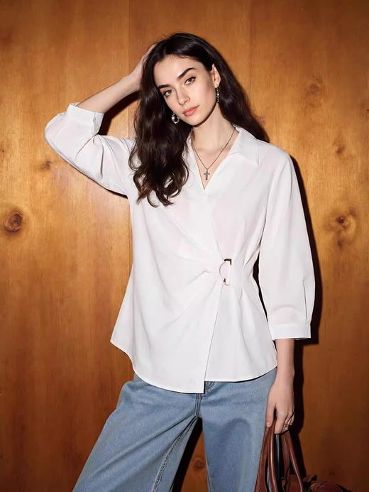 香y同款法式抗皱设计感掐腰v字翻领不规则衬衫 商品图2