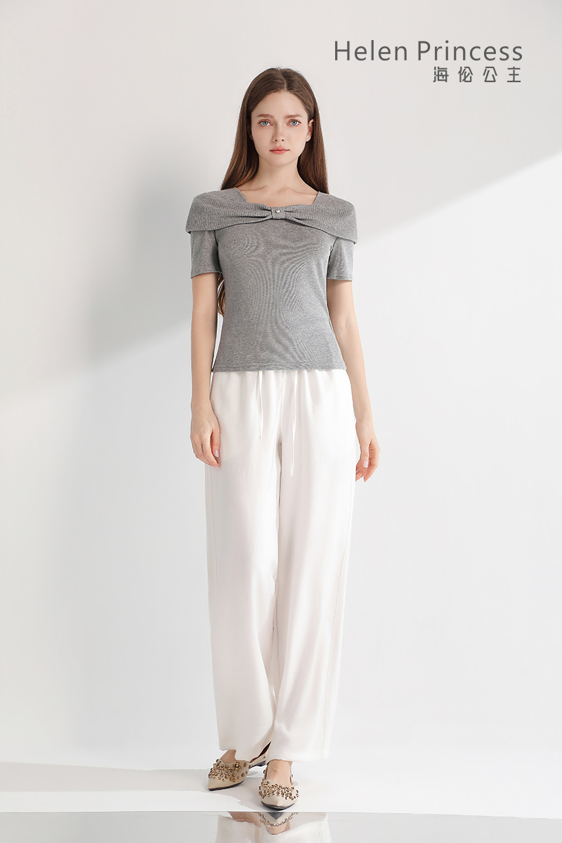 一字肩扭结方领短袖上衣