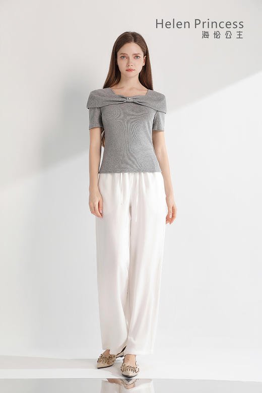 一字肩扭结方领短袖上衣 商品图0