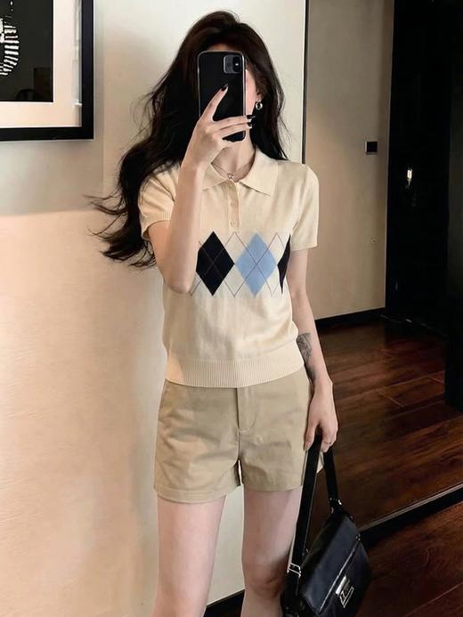 直发 MIU系， 设计感复古菱格撞色翻领短袖POLO针织衫 商品图5