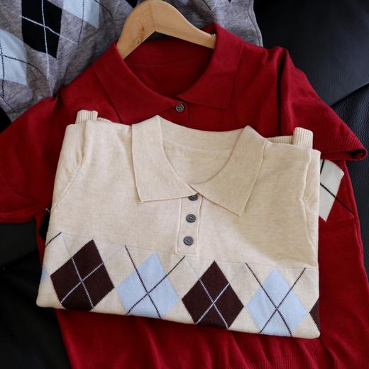 直发 MIU系， 设计感复古菱格撞色翻领短袖POLO针织衫 商品图6