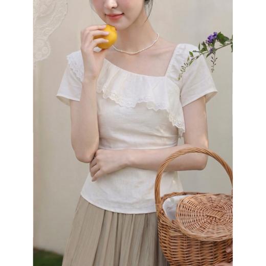 鹿向南「月光手书」法式荷叶边短袖衬衫女夏季别致设计感杏色上衣 商品图2