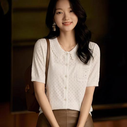 镂空格纹~高级感翻领莱赛尔钩花镂空短袖女气质显瘦针织开衫KSM99696 商品图1
