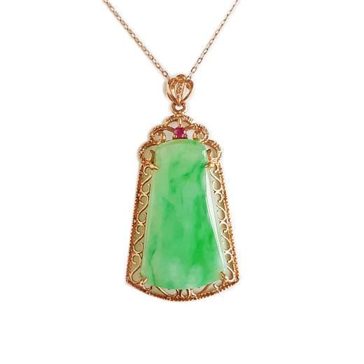 【天然正品】A货翡翠AU750黄金镶钻镶天然细腻糯种飘绿花平安无事牌翡翠吊坠项链35.7*17.7*6.3MM（皆取最大值）141125AH37 商品图0