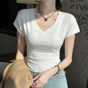 8302夏装新款修身正肩V领短袖T恤女百搭收腰显瘦高级感上衣小众款