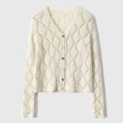 自然主义~彩扣V领 肌理感莱赛尔 亚麻立体镂空针织开衫女YM2604 商品图4
