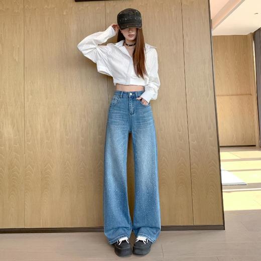 【秒杀】2026春季设计感高腰直筒小个子阔腿裤满天星烫钻牛仔裤女 商品图2