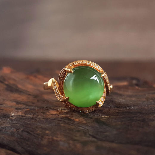 【天然正品】AU750黄金镶天然细腻菠菜绿无黑点碧玉猫眼和田玉戒指15号（皆取最大值）141125AH29 商品图5