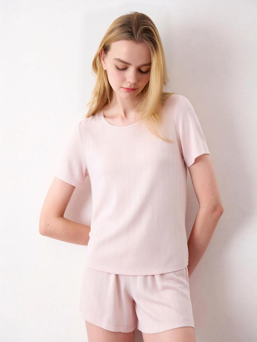 官网890！华家裸感天丝莫代尔睡衣套装 舒适透气网眼提花短袖短裤家居服套装圆领睡衣裤女 商品图2