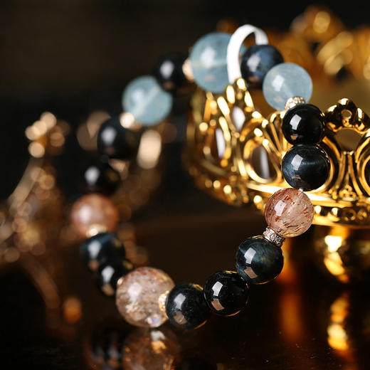 【祈愿吉品】海蓝宝手链蓝虎眼黑金超七黑碧玺水晶手链女款 商品图2