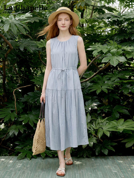 天猫同步【小众轻奢】拉夏贝尔/La Chapelle圆领压褶腰带无袖连衣裙垂坠感夏日多巴胺法式背心裙女 商品图1
