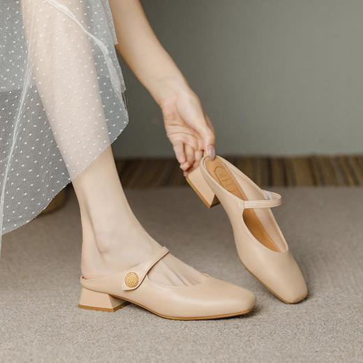 【秒杀】真皮包头拖鞋女粗跟春夏外穿新款法式方头百搭懒人半拖配裙女单鞋 商品图1