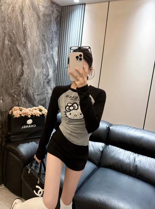 F040722春季新款甜美辣妹风HelloKitty猫咪蕾丝蝴蝶结刺绣圆领修身插肩袖T恤长袖 商品图8