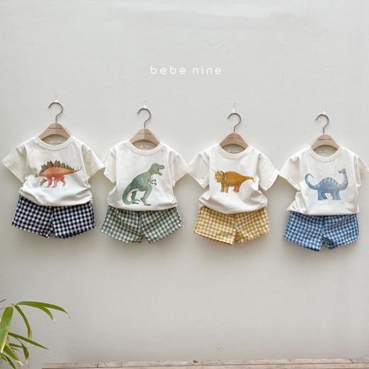 叮当可可韩国童装夏季新款儿童棉质可爱恐龙短袖格子短裤男女套装90-140 商品图1