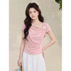 鹿向南「鎏光花语」浅粉色荡领花朵短袖T恤夏新款修身显瘦上衣女 商品缩略图0