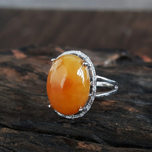 【天然正品】A货翡翠AU750白金镶钻镶天然细腻细豆种蛋面黄翡翡翠戒指18号（皆取最大值）141125AH11 商品图3