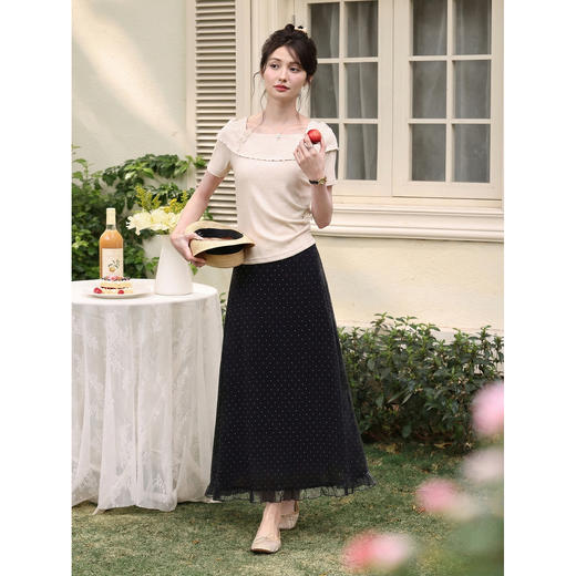鹿向南「浅夏微光」高级感黑色波点半身裙女夏季高腰显瘦中长裙子 商品图3