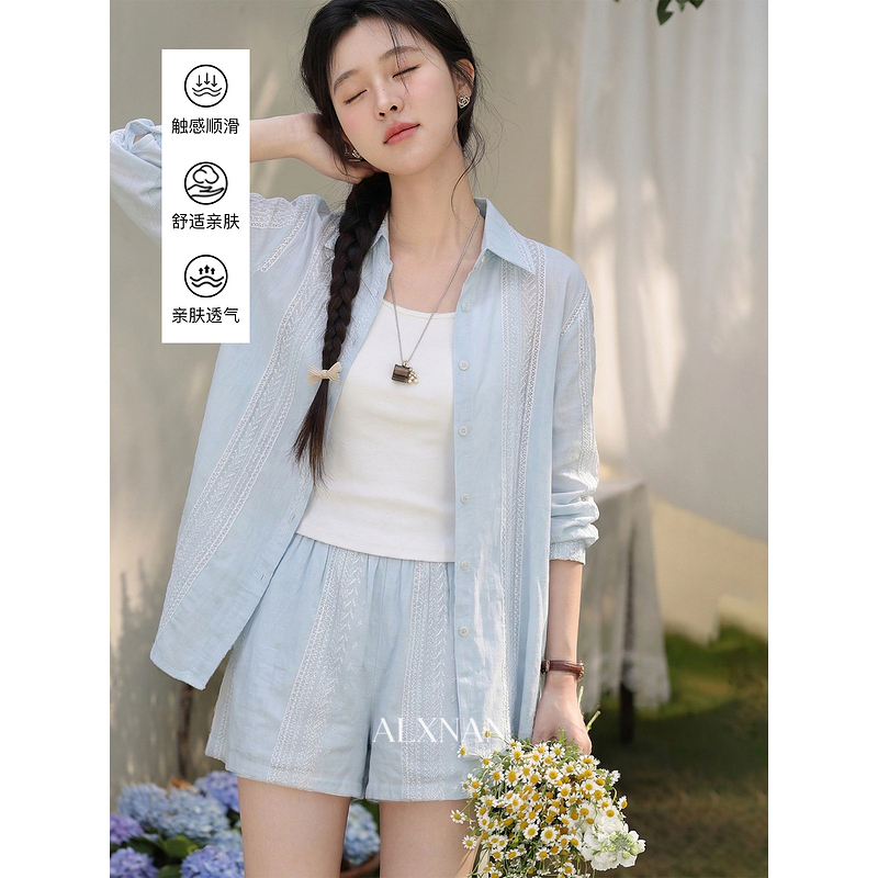 鹿向南「清氧蓝系」长袖薄款蓝色衬衫女夏季新款休闲短裤时尚套装