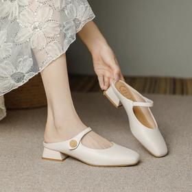 【秒杀】真皮包头拖鞋女粗跟春夏外穿新款法式方头百搭懒人半拖配裙女单鞋