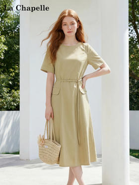 天猫同步【高端品质】拉夏贝尔/La Chapelle圆领纽扣双口袋短袖连衣裙新款流行女神御姐风连衣裙女
