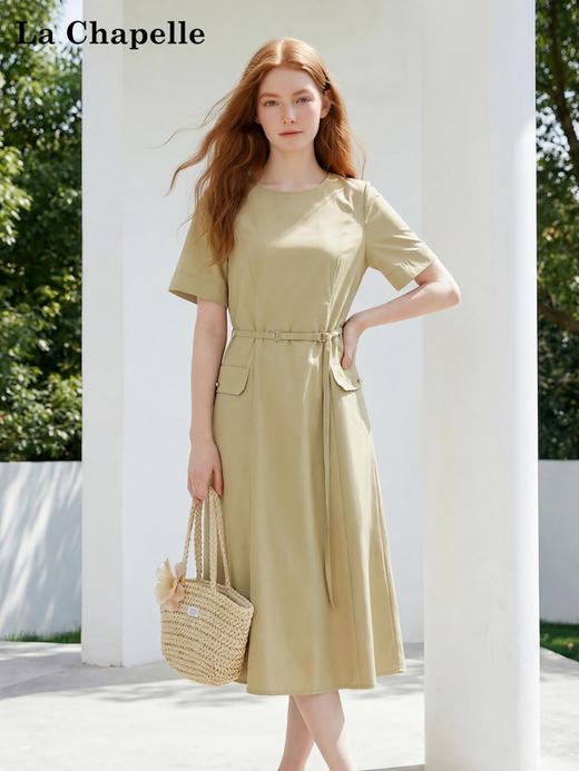 天猫同步【高端品质】拉夏贝尔/La Chapelle圆领纽扣双口袋短袖连衣裙新款流行女神御姐风连衣裙女 商品图0