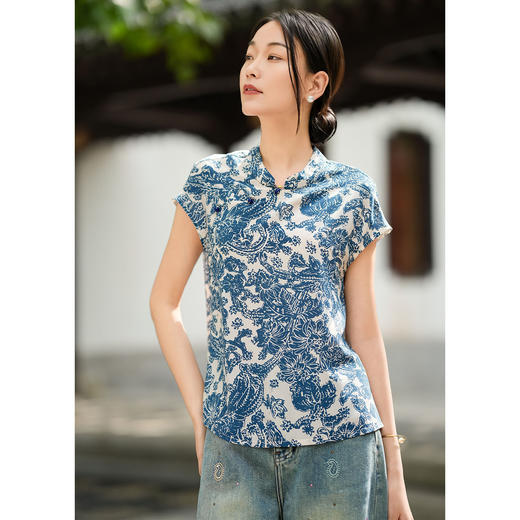 「高货kbnq」全新升级【铂金会员395/天猫529/差价134】(03852)洛诗琳轻奢真丝双绉立领上衣2026新中式国风短袖衬衫 商品图3