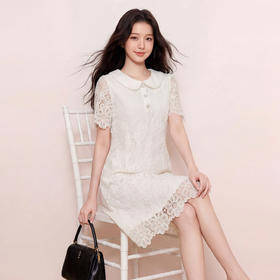 奢姿2026夏季大码女装蕾丝娃娃领连衣裙胖妹妹减龄珍珠包边A字裙9962894538