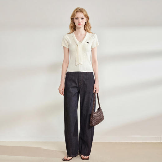 西遇系带V领短袖针织衫女2026春新款小狗刺绣气质领带小众上衣H0060260 商品图1