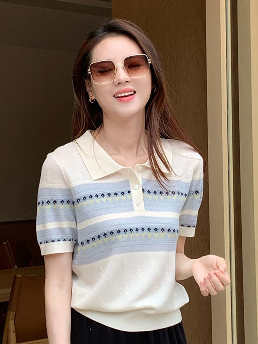 【百图lulu定制】【夏天POLO针织衫】拼色 提花 桑蚕丝羊毛混纺 轻薄透气 短袖针织衫 商品图2