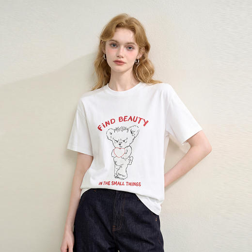 西遇韩系甜妹风小熊印花短袖T恤女2026夏季新款圆领宽松休闲上衣E0060194 商品图0